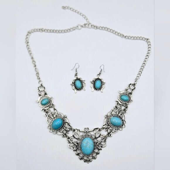Boho Silver Filigree Faux Turquoise Statement Bib Necklace & Earring Set - Picture 1 of 10